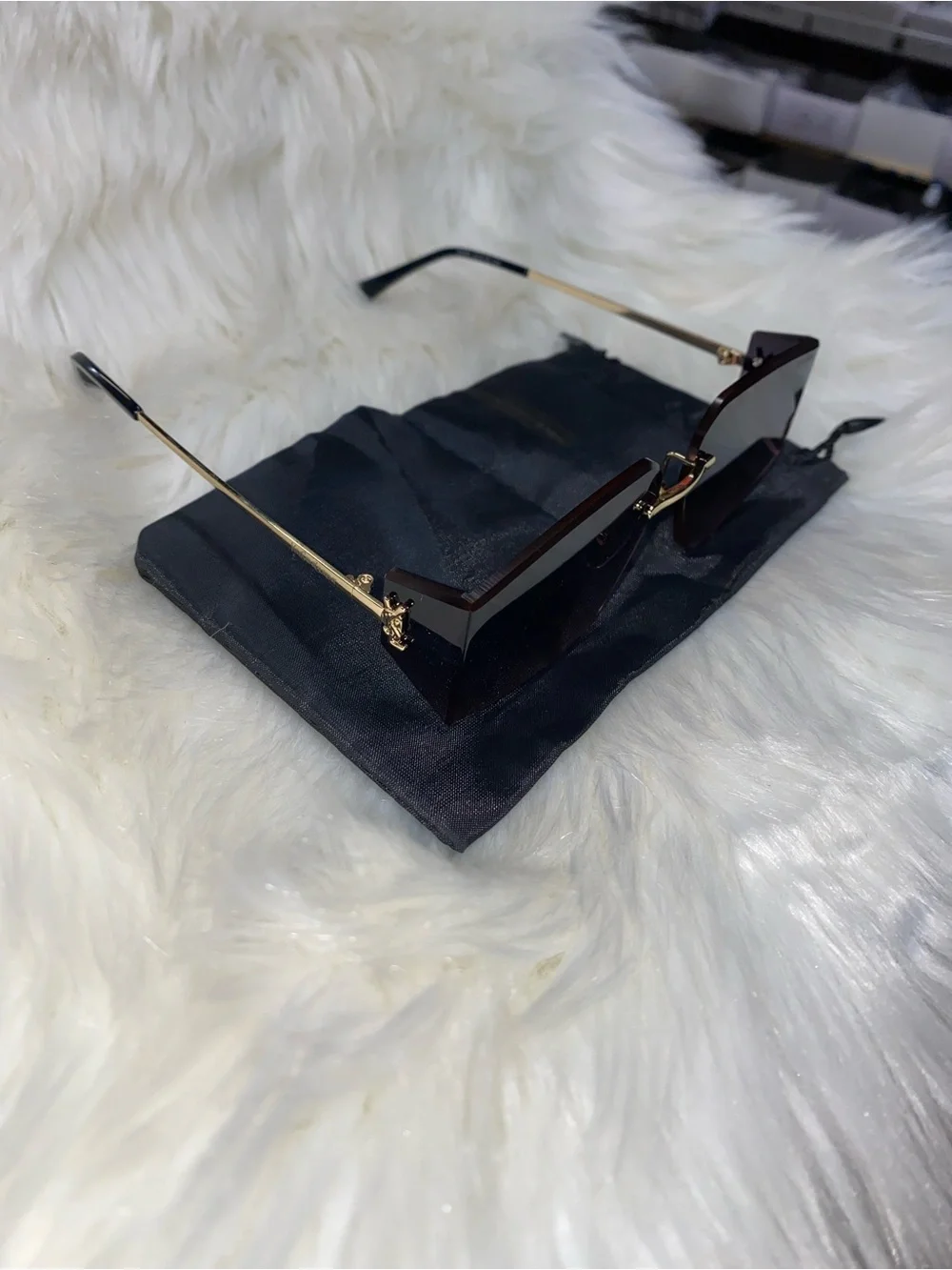 Rectangular Rimless Sunglasses with Gold Bridge - Dark Brown Lenses